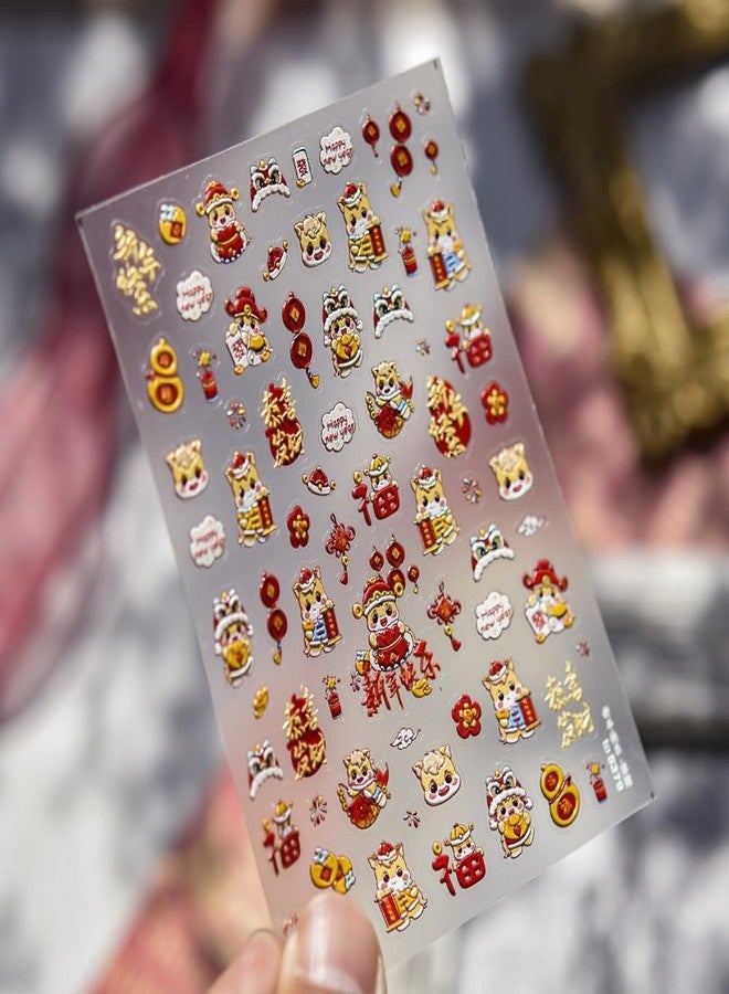 Maigitur Chinese Year Nail Stickers Cartoon Tiger Lion Dance Characters Nails Decals Self Adhesive Red Yellow Nail Designs Knot Gourd Nails Supplies 5D Embossed Stickers for Women DIY Manicure 1 Sheet - Image 2